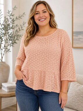 Ivanka Trump Women L Peach Lace Peplum Blouse 3/4 Sleeve Scoop Neck Feminine Top